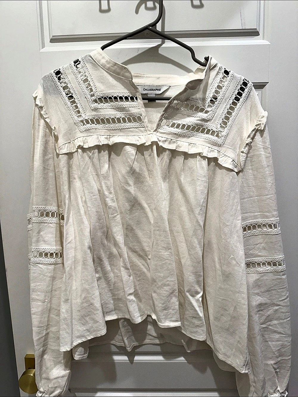 Calligraphie Linen Blend Embroidered Blouse in White Size XL